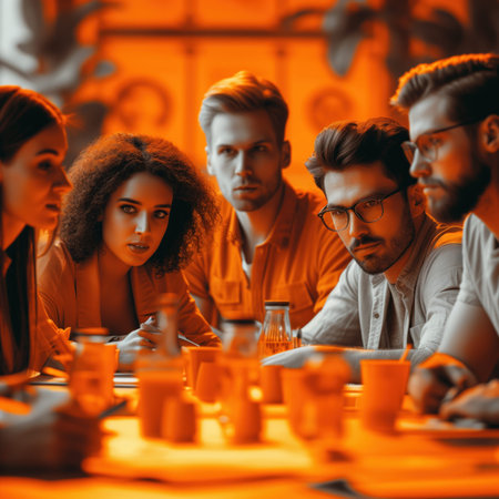 group of businessmen, background in orange colorの素材
