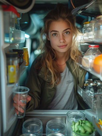 portrait of a pretty girl taking food from the refrigerator, close-upの素材