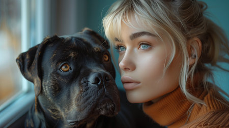 portrait of a pretty girl with a dog, close-up illustrationの素材