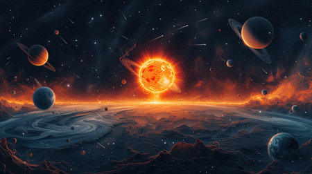 solar system planets and star, realistic illustrationの素材