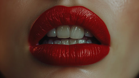 close-up portrait red lips t teeth young girl, backgroundの素材
