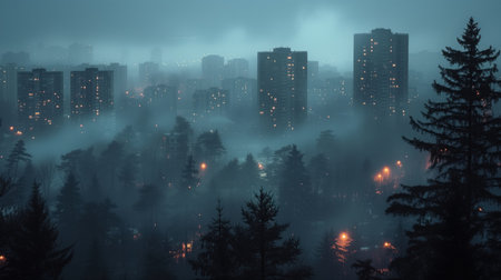 foggy morning cityscape from above, realistic illustrationの素材