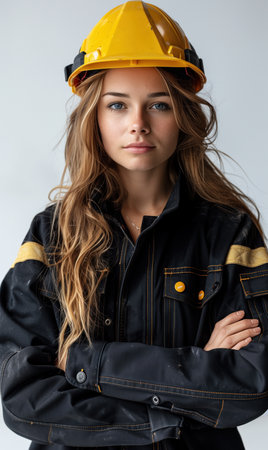 portrait of a girl foreman architect in a hard hat close-upの素材