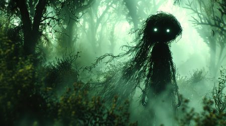 dark silhouette of a humanoid in a foggy forest horror, fantasy illustrationの素材