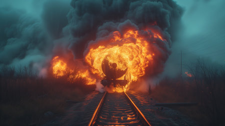 burning wagons with fuel fire and black smoke, realistic illustrationの素材