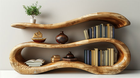 wooden shelf with books, realistic illustrationの素材