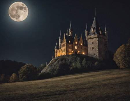 castle on a hill at full moon, realistic illustrationの素材