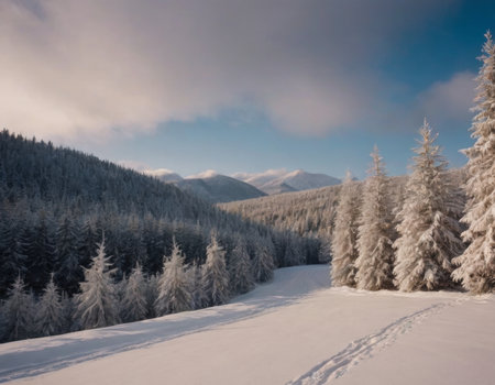 fir trees in snow winter holiday landscape, realistic illustrationの素材