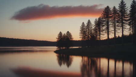 lake in the forest beautiful landscape at sunset, realistic illustrationの素材