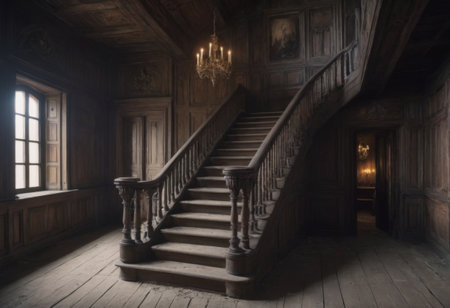 interior of old house hall with stairs, realistic illustrationの素材