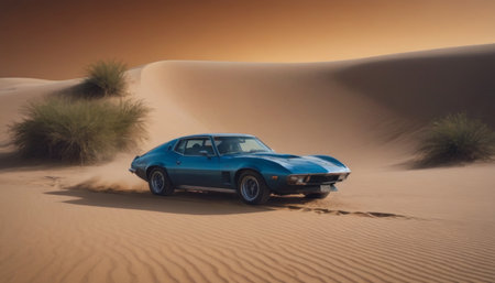 sports car on a sand dune beautiful desert landscape, realistic illustrationの素材