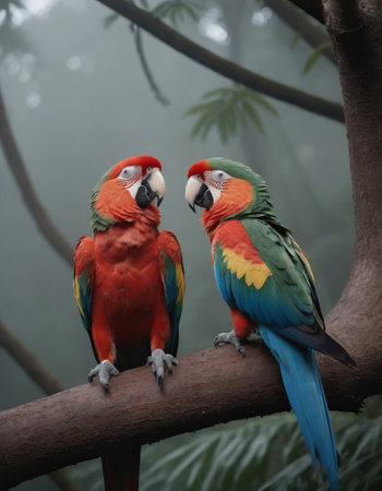 pair of parrots in the forest, realistic illustrationの素材