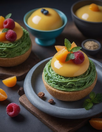 fruit dessert on a served table healthy eating, realistic illustrationの素材