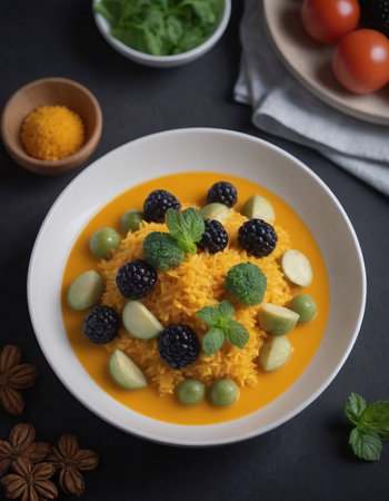 porridge with fruits and vegetables on a served table, realistic illustrationの素材