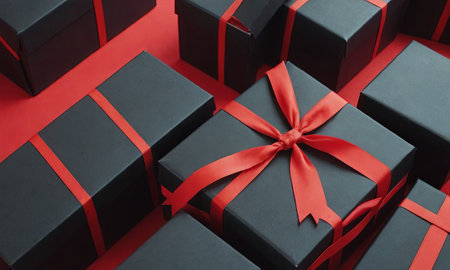 gift boxes with red bow, realistic illustrationの素材