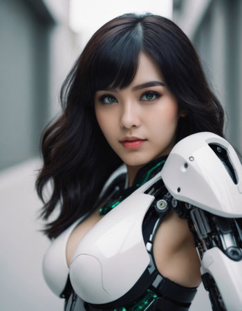 portrait woman cyborg modern technology, realistic illustrationの素材