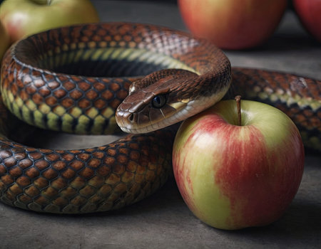 beautiful snake near apple, realistic illustrationの素材