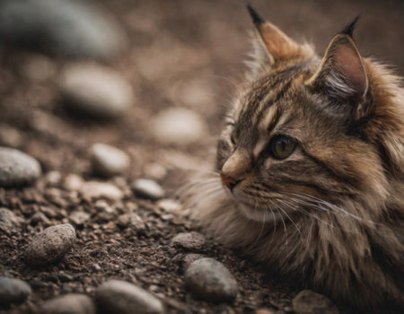 portrait of fluffy cat close-up, realistic illustrationの素材