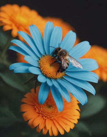 bee on chamomile close up, realistic illustrationの素材