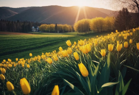 blooming spring park country landscape, realistic illustrationの素材