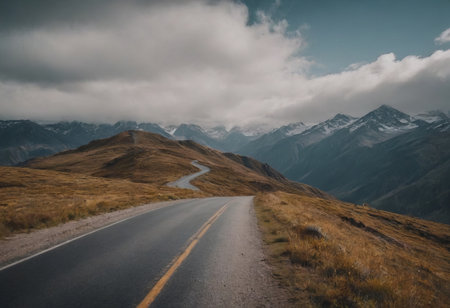 empty road picturesque mountain landscape, realistic illustrationの素材