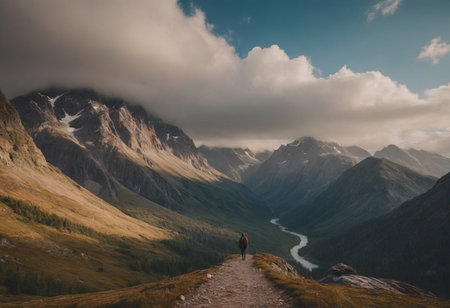 traveler walking mountain landscape, realistic illustrationの素材