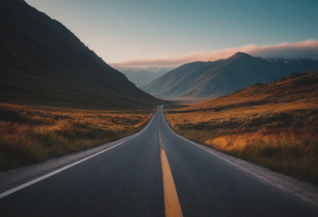 empty road picturesque mountain landscape, realistic illustrationの素材