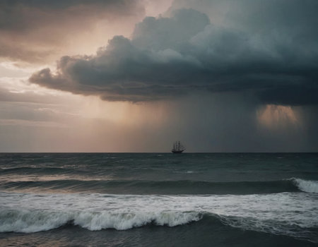 seascape old sailing ship in stormy waves, realistic illustrationの素材