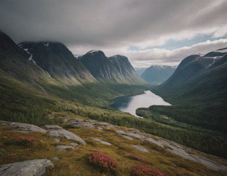 Mountains and river, autumn landscape. Realistic illustrationの素材
