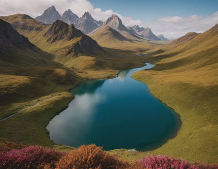 Mountains and river, autumn landscape. Realistic illustrationの素材