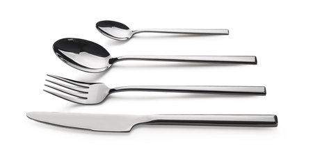 Silver cutlery. Fork, knife and two spoon clipping path isolated on white background