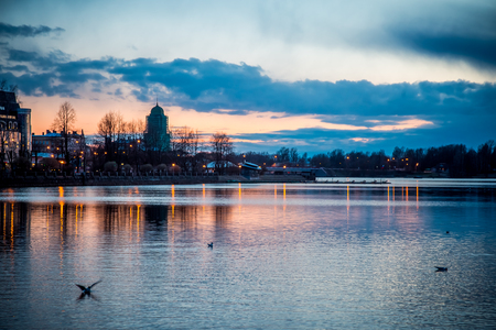 The Vyborg castle in white nights, located in the city of Vyborg on the Castle islandの写真素材