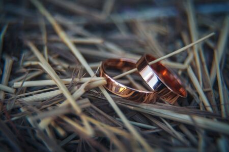 Wedding rings. Wedding symbols, attributes. Holiday, celebration. Macro. Blurの写真素材