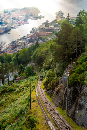 Floibanen funicular to Mt Floyen at Bergen City, from Top of Mount Floyen Glass Balcony Viewpoint mountain in Norwayの写真素材