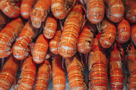 Shrimp and other seafood at the fish market in Bergen, Norwayの写真素材