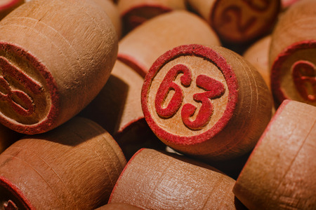 Tabletop old lotto game with wooden elements. Cards bingoの写真素材