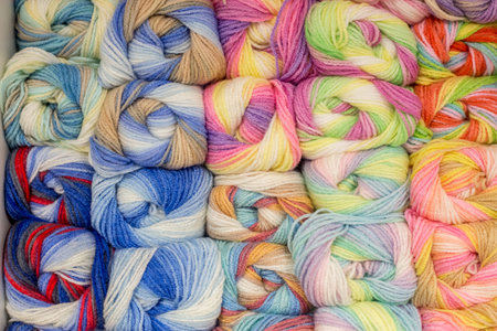 Colored balls of yarn. View from above. Rainbow colors. All colors. Yarn for knitting. Skeins of yarn.の写真素材