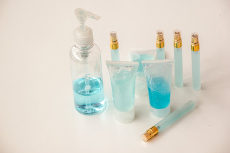 Alcohol, hand sanitizer, tube, spay, pump bottle To prevent COVID entering the world againの写真素材