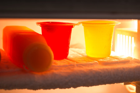 Inside the freezer refrigerator with juice and jelly are two.の写真素材