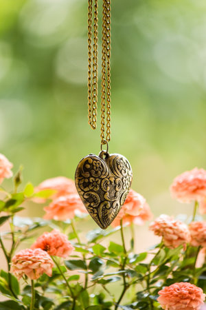 Heart-shaped necklace made of yellow metal vintage style.の写真素材