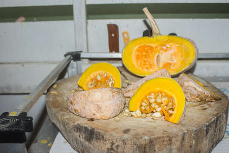 Pumpkin cut into layers on a chopping block.の写真素材