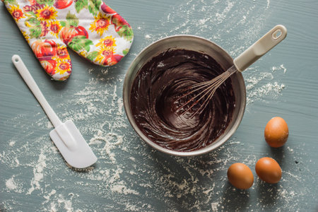 Baked brownies are in the oven on a tray.の写真素材