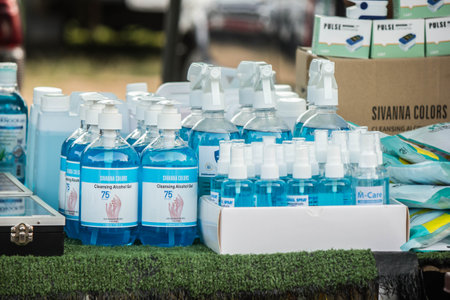 RATCHABURI, THAILAND - AUGUST 10: The store sells a large number of alcohol gels in the flea market  on August 10, 2021 in Ratchaburi, Thailand.のeditorial素材