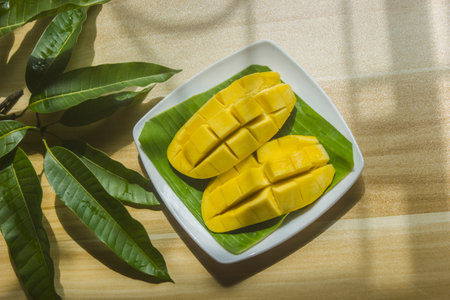 Ripe mangoes are placed on a plate and leaves on the table.の写真素材