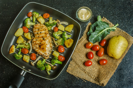 Grilled chicken breast steak with potatoes, cherry tomatoes, broccoli and sauce in pan ready to serve, top view.の写真素材
