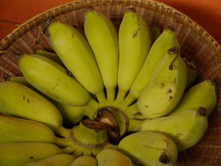 Green Bananas in Basketの写真素材