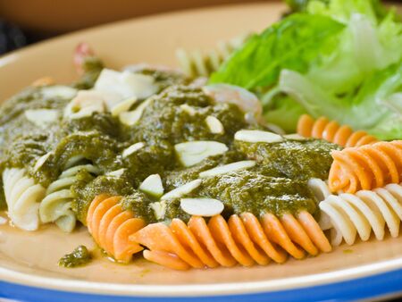 Green sauce pasta with shrimpの写真素材