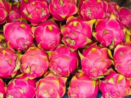 Red dragon fruits in marketの写真素材