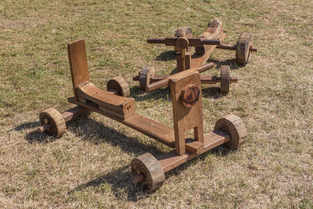 Wooden toy car for children on the groundの写真素材