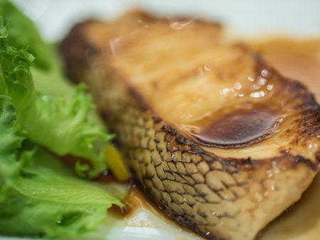 Grilled snowfish with soy sauce on plateの写真素材